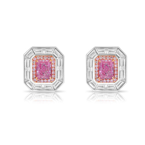 Natural pink elongated radiant diamond studs with GIA certified pink center and white diamond accents.