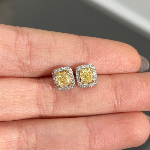 Fancy intense yellow cushion diamond studs with a F/VS2 clarity.