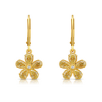 Unique flower shaped yellow diamond drop earrings with light yellow pear diamonds and round diamond center.