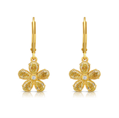 Unique flower shaped yellow diamond drop earrings with light yellow pear diamonds and round diamond center.