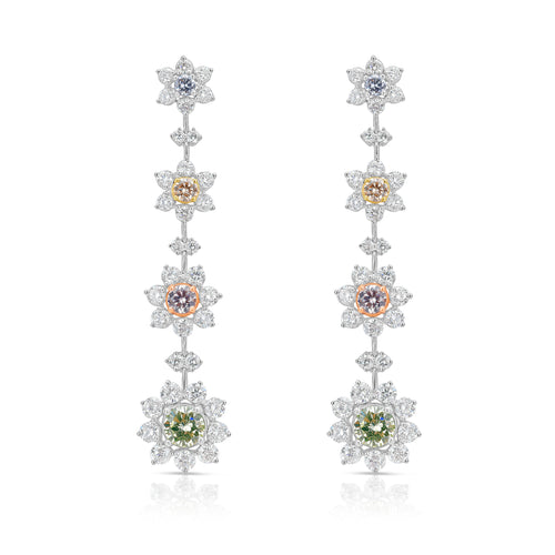 Unique multicolor flower shaped natural diamond earrings.