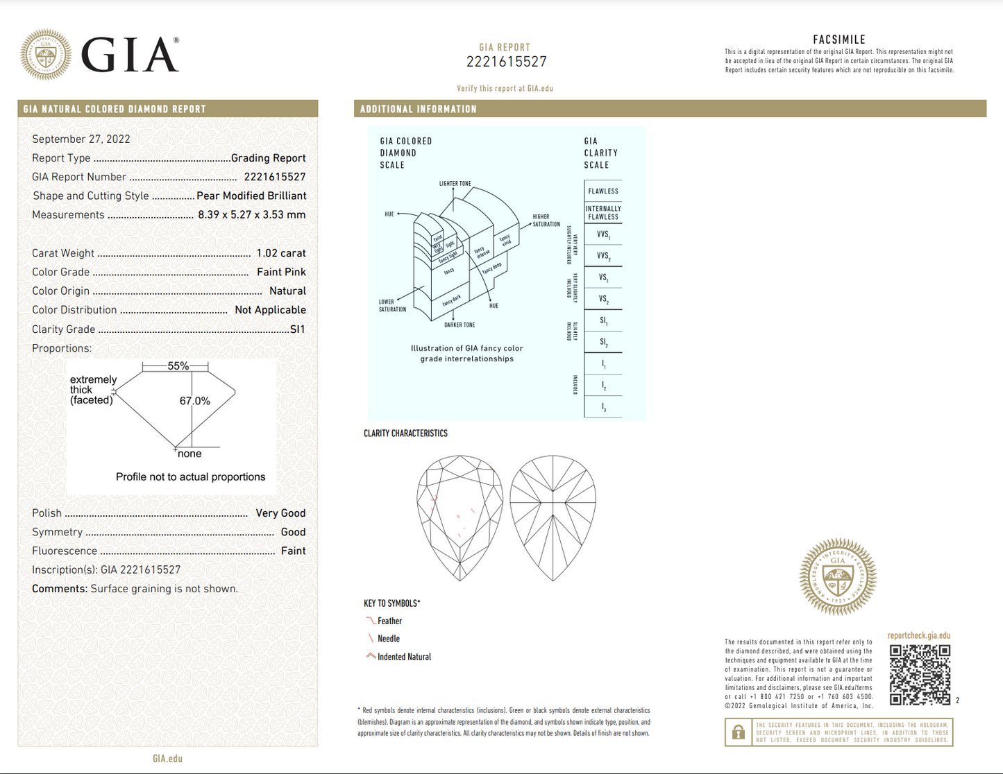 GIA certified faint pink pear shape diamond