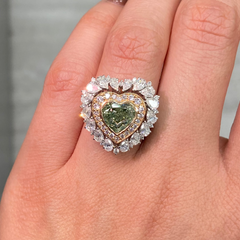 2.70 Carat Heart Shape Diamond Fancy Light Grayish Greenish Yellow diamond Very Good, Good Cutting with No Fluorescence I1 Clarity GIA Certified Diamond Set in Handmade platinum and 18 karat rose gold setting Handmade in NYC