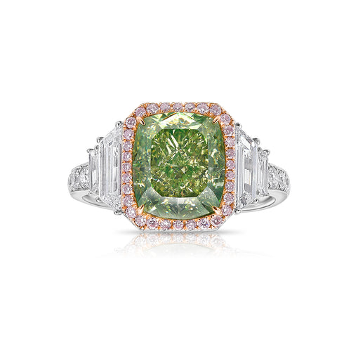 4 Carat GIA certified Green Diamond Ring with white step cut diamond side stones.