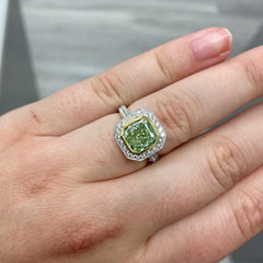 green diamond ring, radiant cut diamond ring, halo diamond ring, green diamond ring, green radiant cut diamond