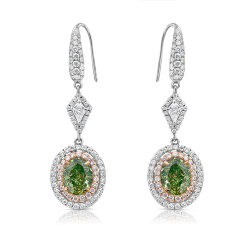 Natural green diamond earrings, in a white diamond double halo, natural jennifer lopez inspired green diamond jewelry.