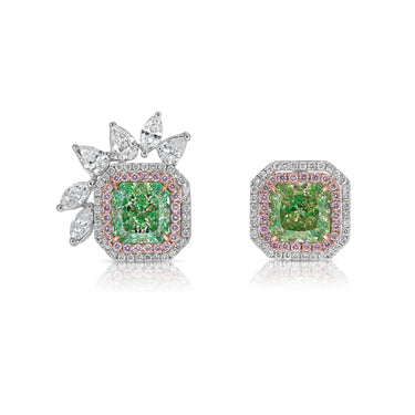 Unique green diamond stud earrings surrounded by natural pink and white diamond halos.