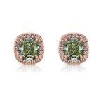 Green diamond earrings, fancy yellow green diamond surrounded by fancy pink diamond halo.