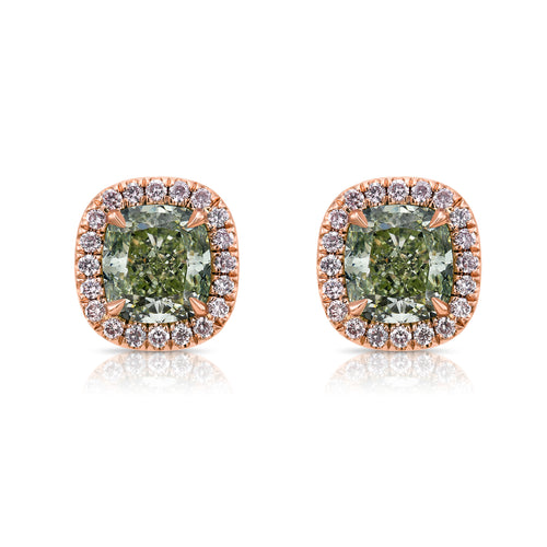 Green diamond earrings, fancy yellow green diamond surrounded by fancy pink diamond halo.