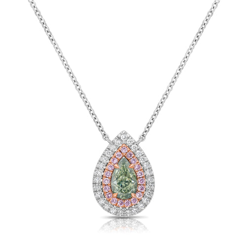 Unique green chameleon pear-shaped diamond pendant with double halo and VS1 clarity center diamond.