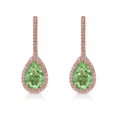 Elegant green pear-shaped diamond drop earrings in 18k rose gold, framed by a halo of white diamonds.