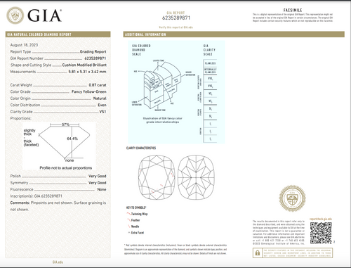 Matched Pair Fancy Yellowish Green Cushion Diamond