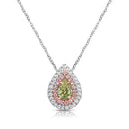 Elegant greenish yellow pear-shaped diamond pendant with a double halo design and unique charm with a SI2 clarity.