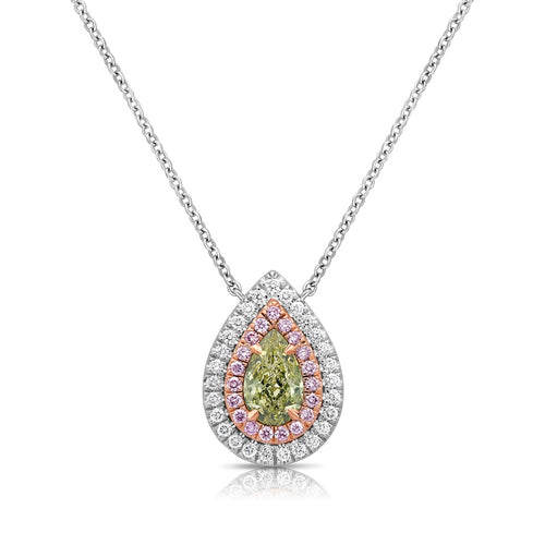 Elegant greenish yellow pear-shaped diamond pendant with a double halo design and unique charm with a SI2 clarity.