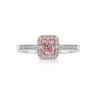 Pink diamond ring. pink diamond engagement ring. light pink diamonds. light pink cushions. diamond ring.