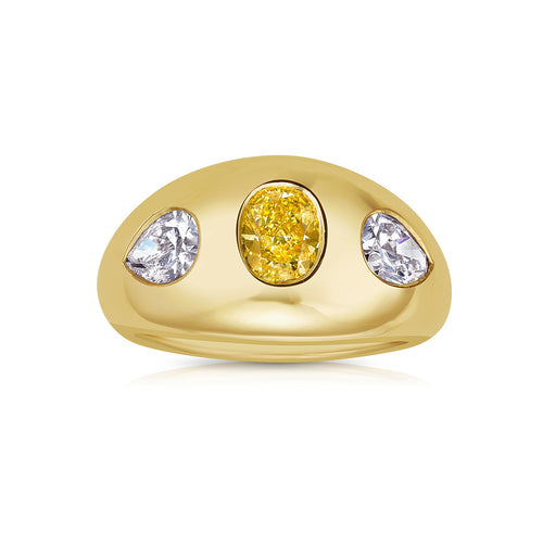 Unique three stone yellow white diamond ring.