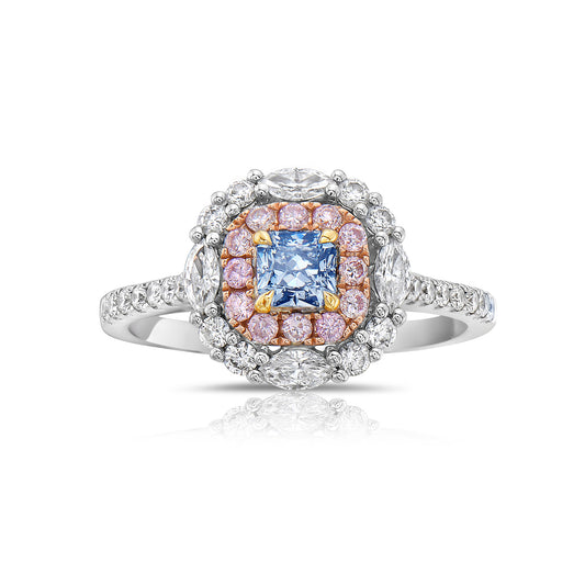 fancy blue diamond ring, pink and blue diamonds, natural color diamonds, fancy blue radiant cut diamond