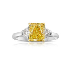 3.03 Carat Center Fancy Yellow Cushion Cut Center VS2 Clarity  0.33 Carat F Half Moons GIA Certified Diamond Crafted in Platinum and 18k Yellow Gold Handmade in NYC 