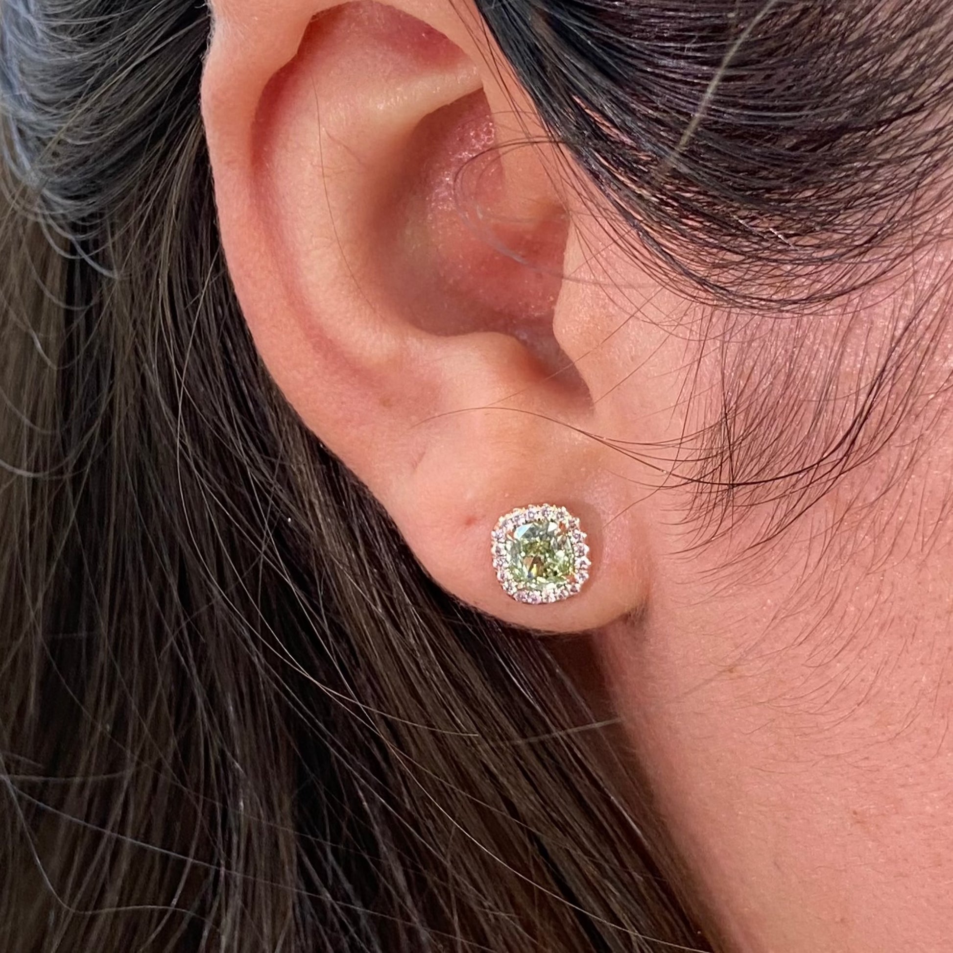 Green diamond earrings, fancy yellow green diamond surrounded by fancy pink diamond halo