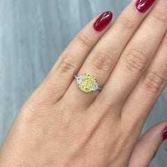 Yellow diamond engagement ring, unique elongated cushion cut diamond three stone ring, canary diamond ring