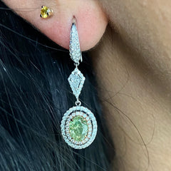 Natural green diamond earrings, in a white diamond double halo, natural jennifer lopez inspired green diamond jewelry