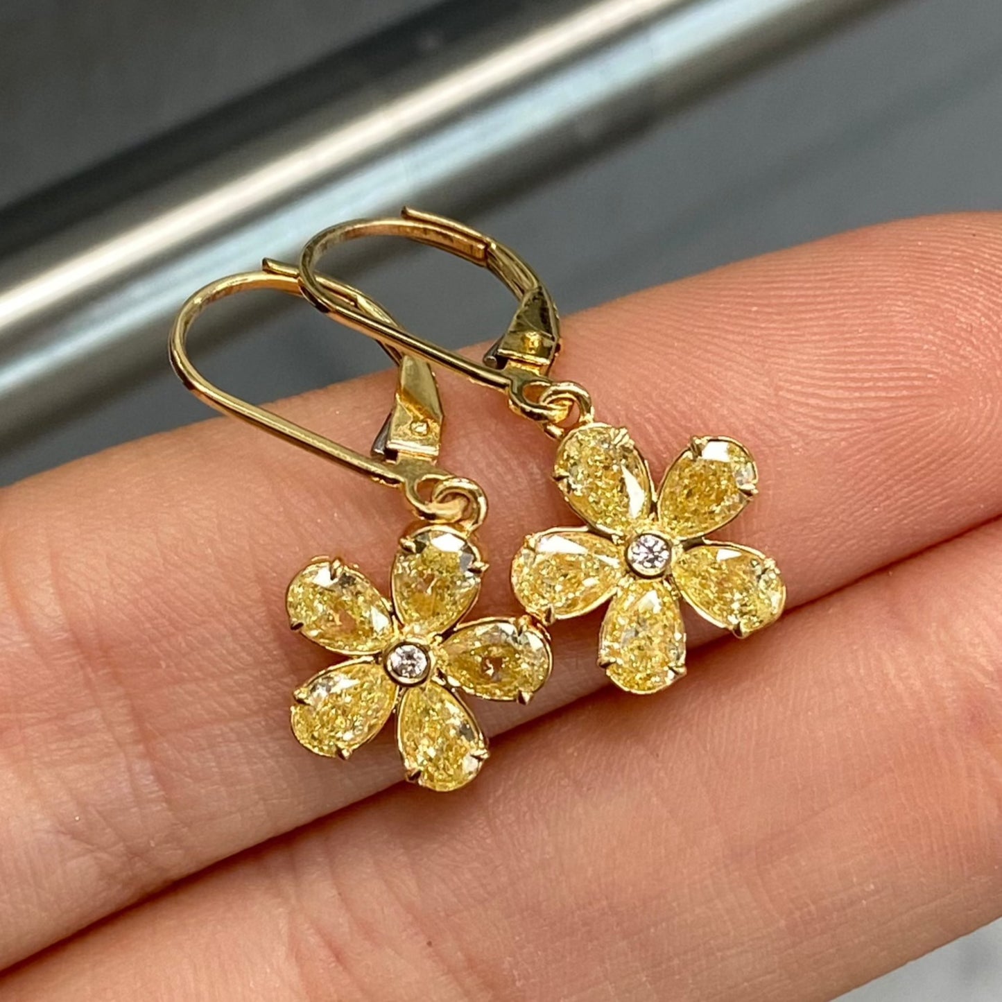 Yellow Diamond Flower Drop Earrings