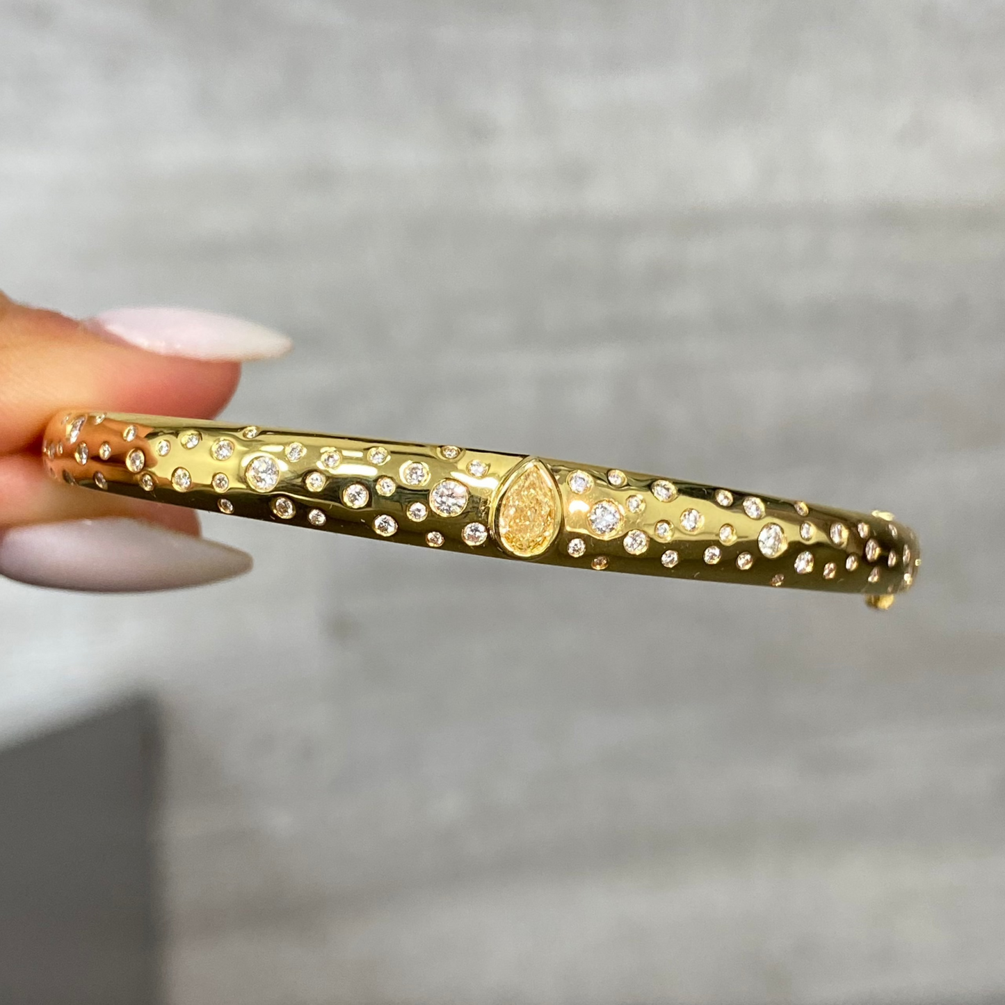 Yellow Diamond Pear Domed Bangle Bracelet with Scattered Pavé