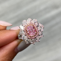 natural light pink elongated cushion cut set in white diamond white gold ring