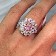 natural light pink elongated cushion cut set in white diamond white gold ring