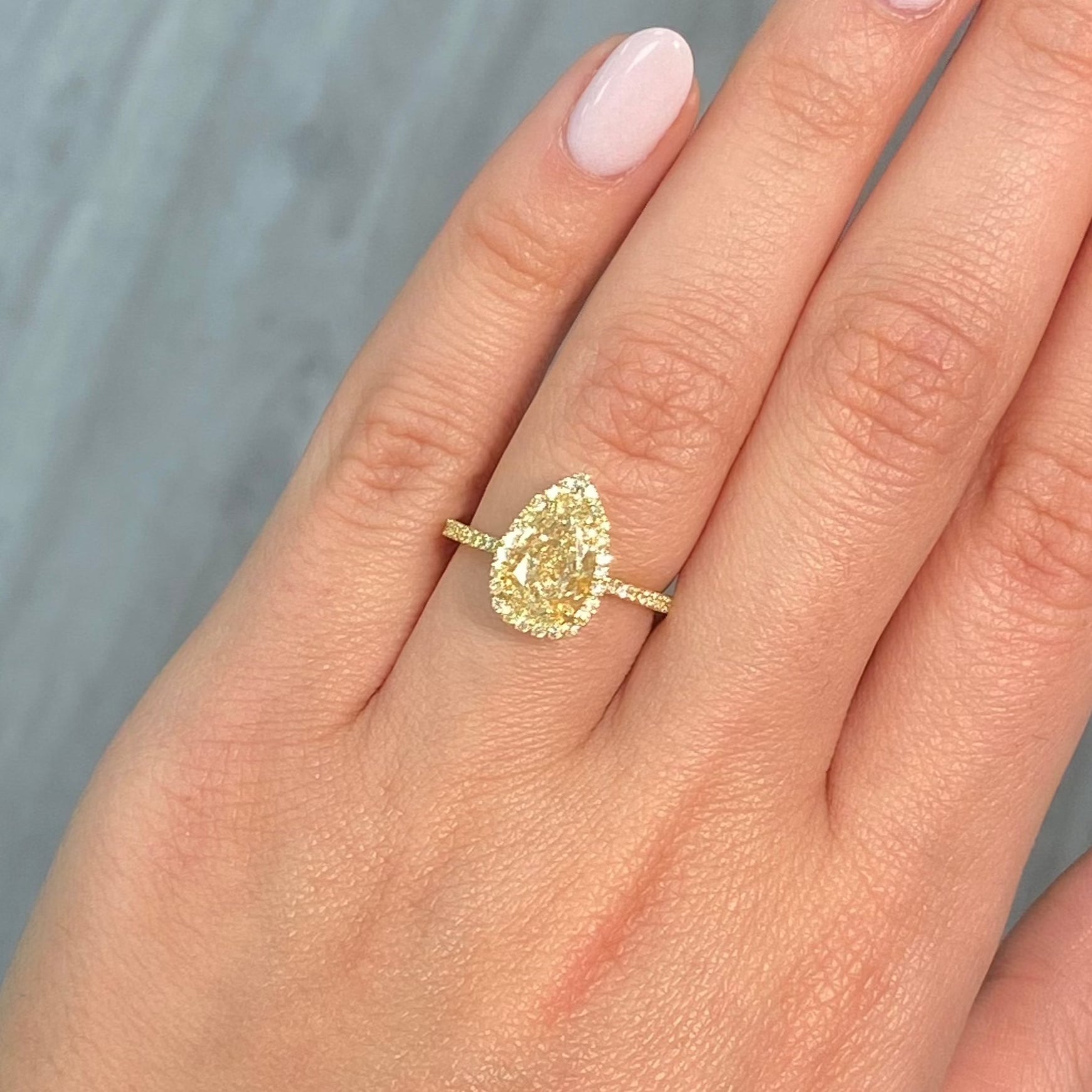 2 Carat All Yellow Pear Shape Diamond Halo Ring Rare Colors