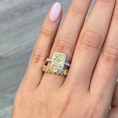 Yellow diamond engagement ring, radiant cut canary diamond with white diamond halo engagement ringYellow diamond engagement ring, radiant cut canary diamond with white diamond halo engagement ring