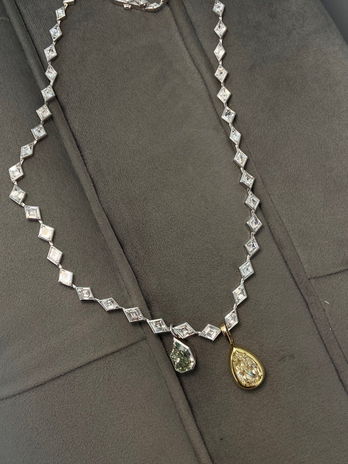 Lozenge Cut Diamond Bezel Necklace with Detachable Green Diamond Charm