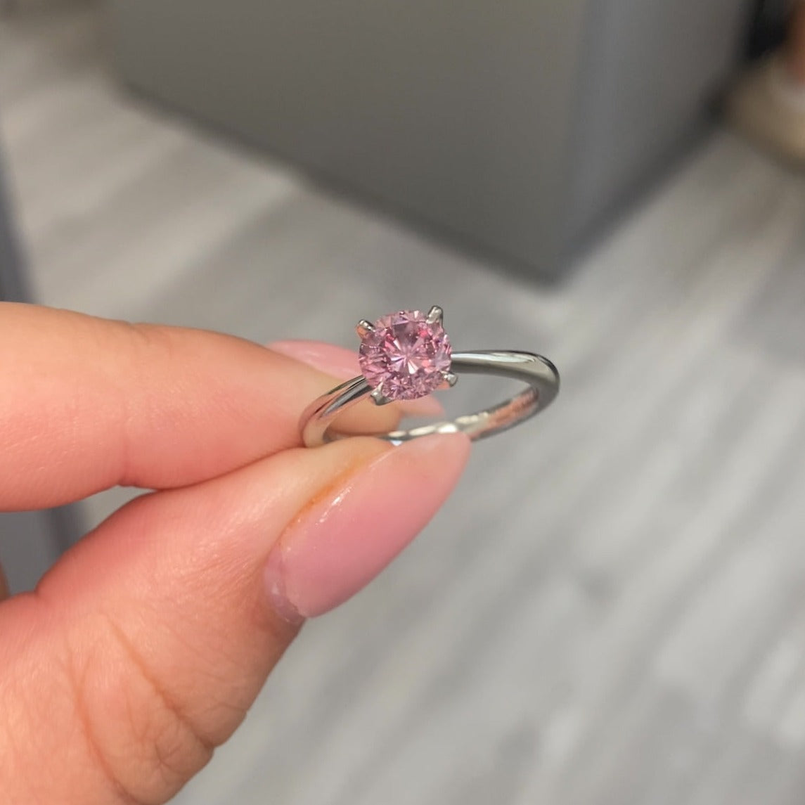 1 Carat GIA Fancy Intense Pink Round Diamond Ring