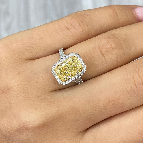 3 Carat Light Yellow Elongated Radiant Cut Halo Diamond Ring