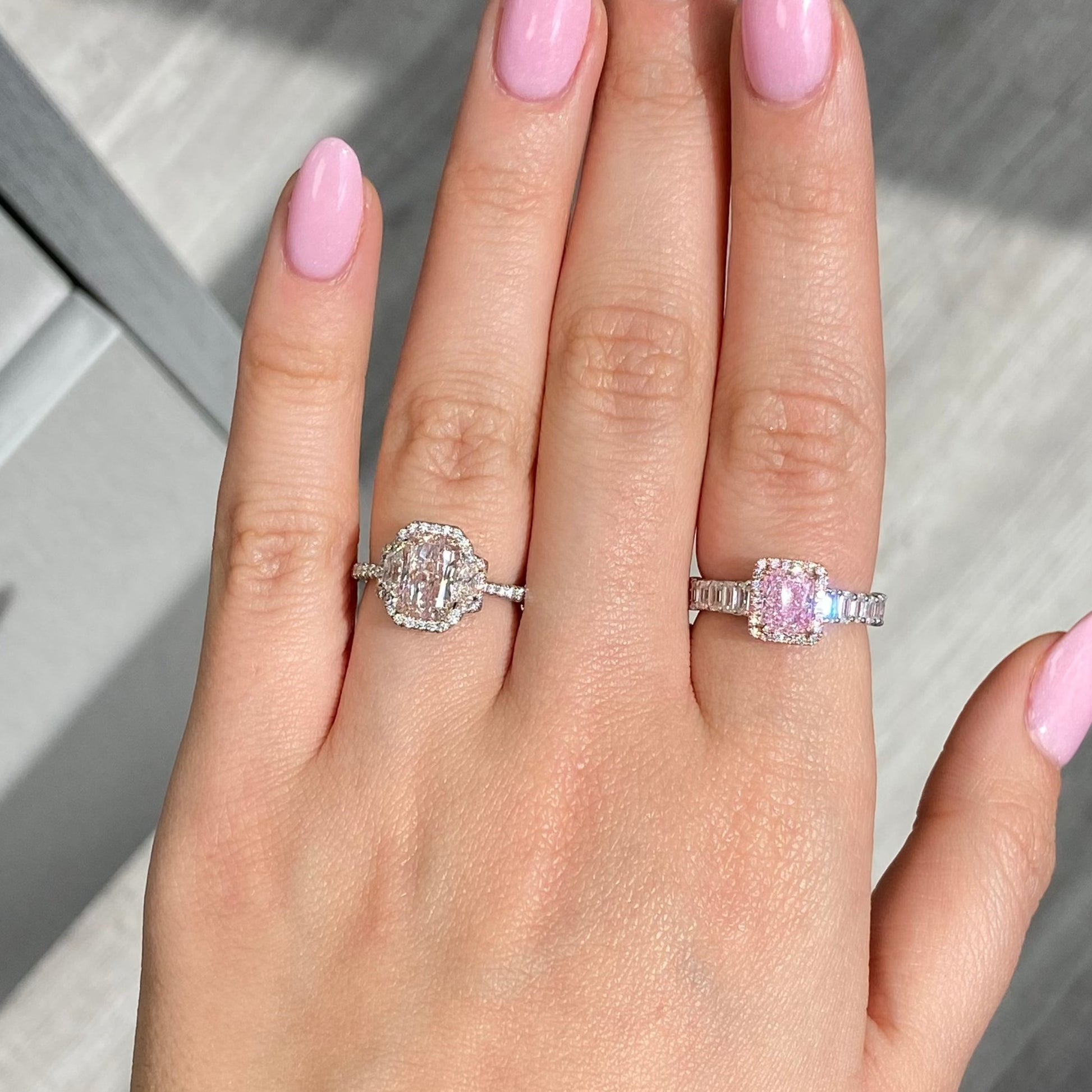 1.5 Carat Fancy Light Orangy Pink Elongated Radiant Diamond Ring Rare Colors