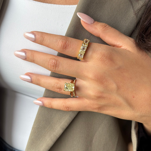 5.74 Carat Fancy Yellow Elongated Radiant Cut Diamond Solitaire Engagement Ring
