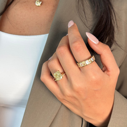 5.74 Carat Fancy Yellow Elongated Radiant Cut Diamond Solitaire Engagement Ring