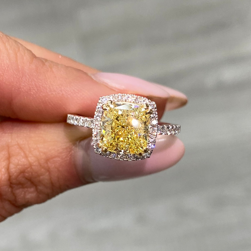 3 Carat Fancy Yellow Cushion Cut Halo Diamond Ring