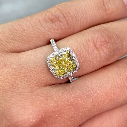 3 Carat Fancy Yellow Cushion Cut Halo Diamond Ring