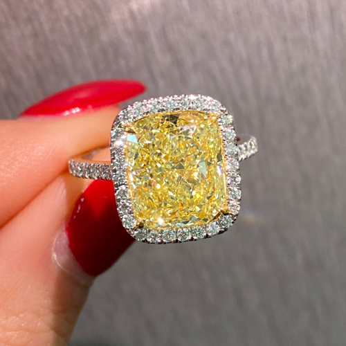 5 Carat Light Yellow Cushion Halo Diamond Ring