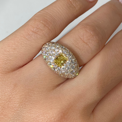 Half Carat Fancy Intense Yellow Radiant with Diamond Pave Dome Ring