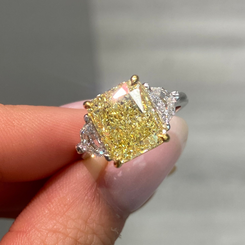 5 Carat Fancy Yellow Elongated Radiant Diamond Three Stone Ring