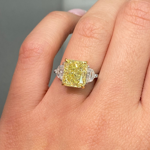 5 Carat Fancy Yellow Elongated Radiant Diamond Three Stone Ring