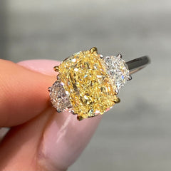 3 Carat Fancy Light Yellow Elongated Cushion Diamond Three Stone Ring