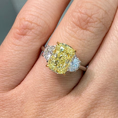 3 Carat Fancy Light Yellow Elongated Cushion Diamond Three Stone Ring