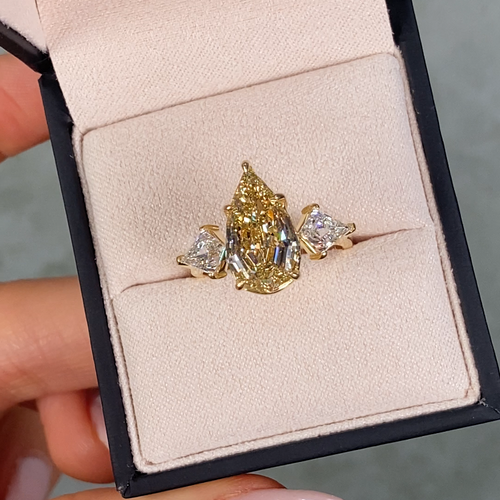 4 Carat Step Cut Pear Shape Champagne Diamond Three Stone Ring