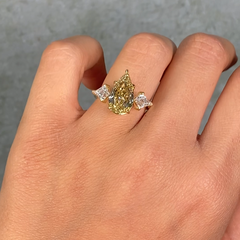 4 Carat Step Cut Pear Shape Champagne Diamond Three Stone Ring