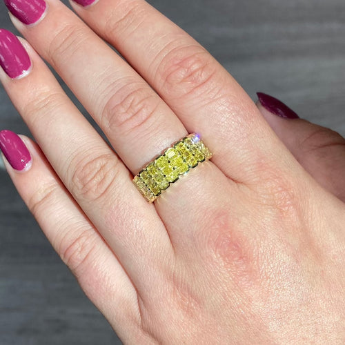 Invisible set yellow diamond ring, elongated radiant diamonds, fancy intense yellow, canary diamond ring, half eternity band set east west, rare diamond ring, gold half eternity band