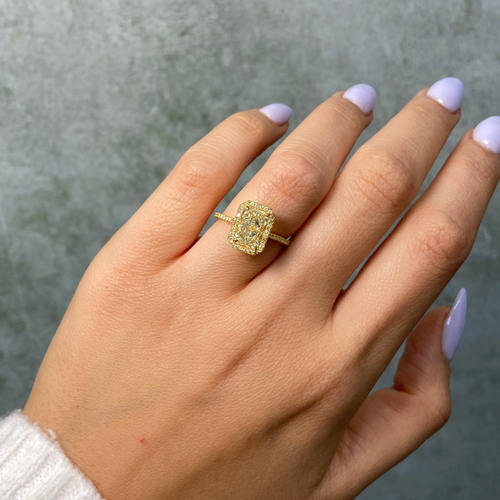 2.01 Carat All Yellow Halo Elongated Radiant Cut Diamond Engagement Ring