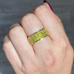 Invisible set yellow diamond ring, elongated radiant diamonds, fancy intense yellow, canary diamond ring, half eternity band set east west, rare diamond ring, gold half eternity band